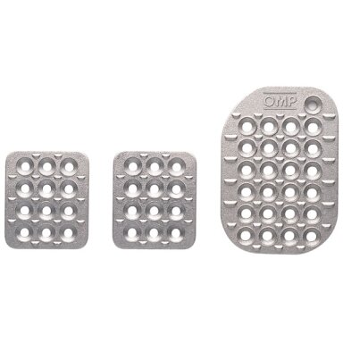 OMP smėlio srovių apdorotas aliuminis 3 pedalių rinkinys: stabdžiai 60 x 70 mm / akceleratorius 85 x 120 mm