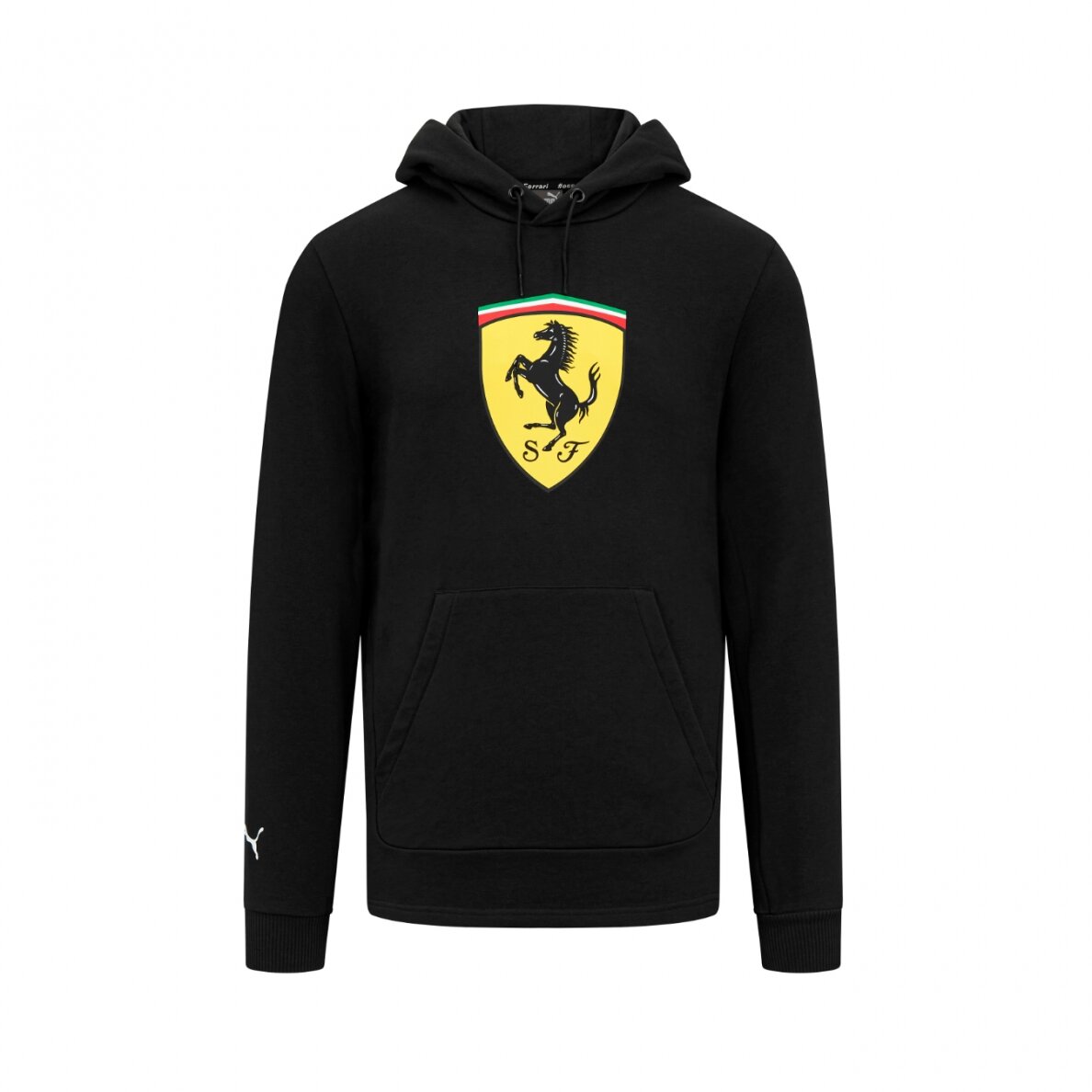 FERRARI didelis juodas logotipu puoštas vyriškas džemperis su gobtuvu FERRARI didelis juodas logotipu puoštas vyriškas džemperis su gobtuvu