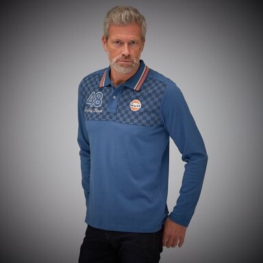GULF Racing vyriškas mėlynas polo marškinėlis su ilgomis rankovėmis