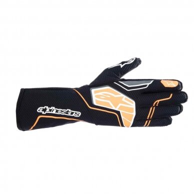 ALPINESTARS TECH 1 KX V4 FIA 8877 2022 Juodos ir oranžinės spalvos kartingo pirštinės