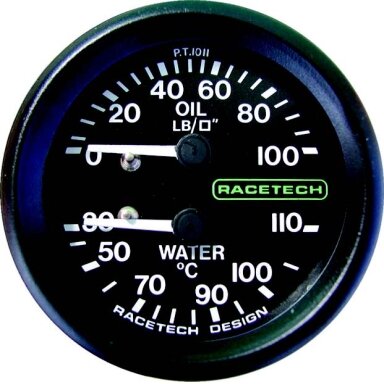 RACETECH D52MM kombinuotas slėgio matuoklis Vandens temperatūra 110 °C Aliejaus slėgis 100LB Kabelio ilgis 9' 1/8BSP AQP