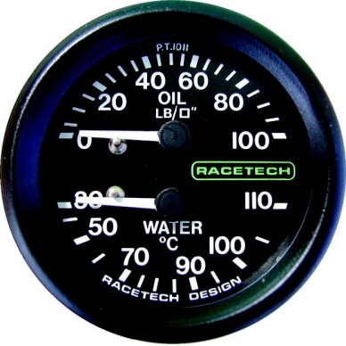 RACETECH D52MM kombinuotas slėgio matuoklis Vandens temperatūra 110 °C Aliejaus slėgis 100LB Kabelio ilgis 9' 1/8BSP AQP