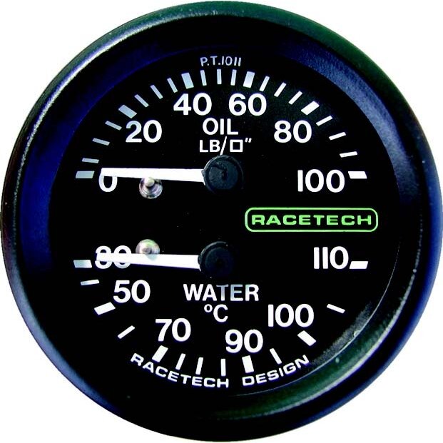 RACETECH D52MM kombinuotas slėgio matuoklis Vandens temperatūra 110 °C Aliejaus slėgis 100LB Kabelio ilgis 9' 1/8BSP AQP