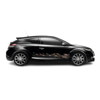 Raudonos spalvos oranžinis languotas lipdukas „Megane III R.S.“.