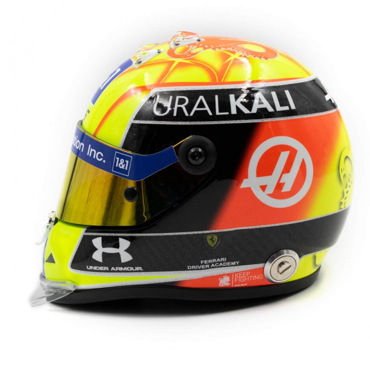 Miniatiūrinis šalmas MICK SCHUMACHER Silverstone Grand Prix 2021 1/2 – geltona 2 Miniatiūrinis šalmas MICK SCHUMACHER Silverstone Grand Prix 2021 1/2 – geltona 2