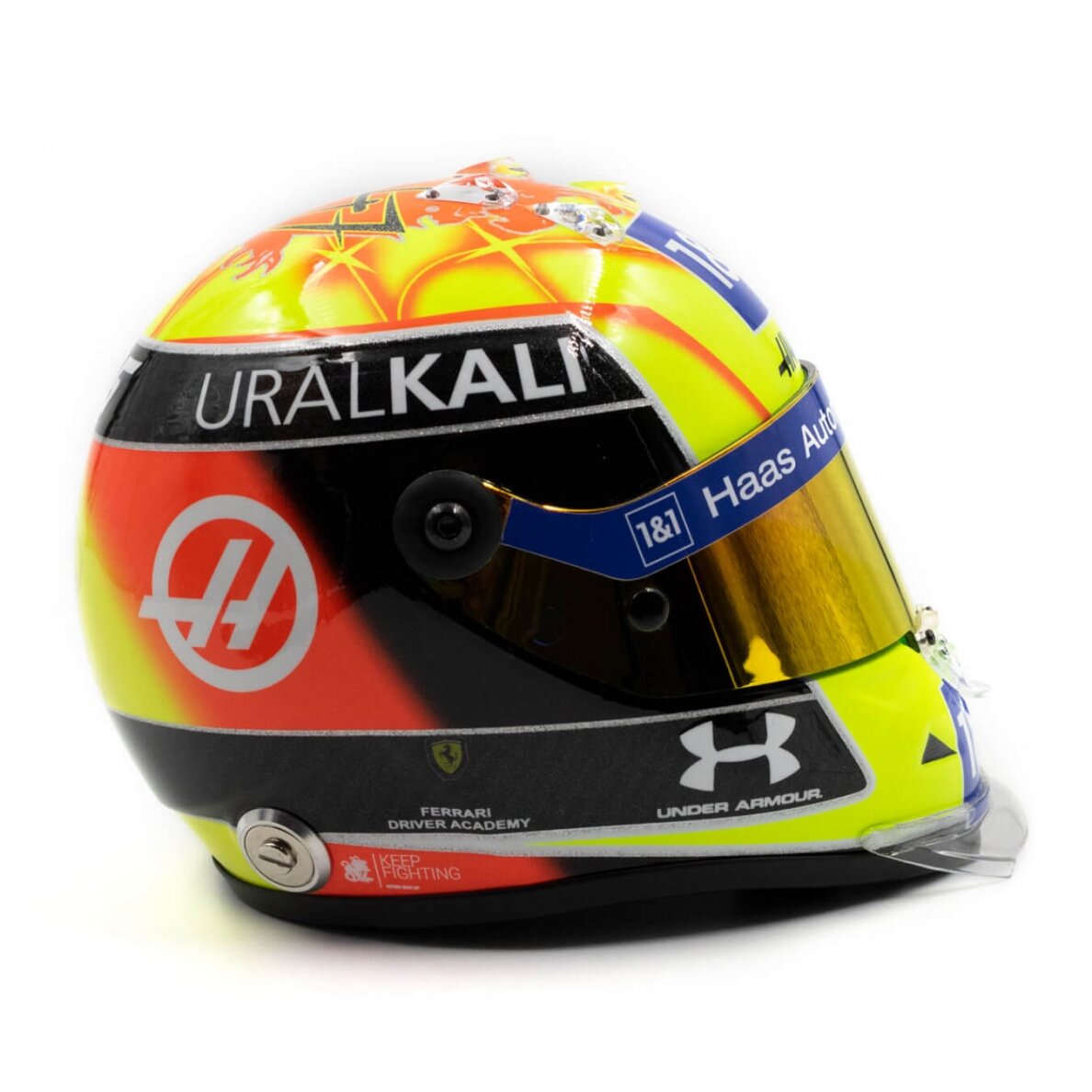 Miniatiūrinis šalmas MICK SCHUMACHER Silverstone Grand Prix 2021 1/2 – geltona 4 Miniatiūrinis šalmas MICK SCHUMACHER Silverstone Grand Prix 2021 1/2 – geltona 4