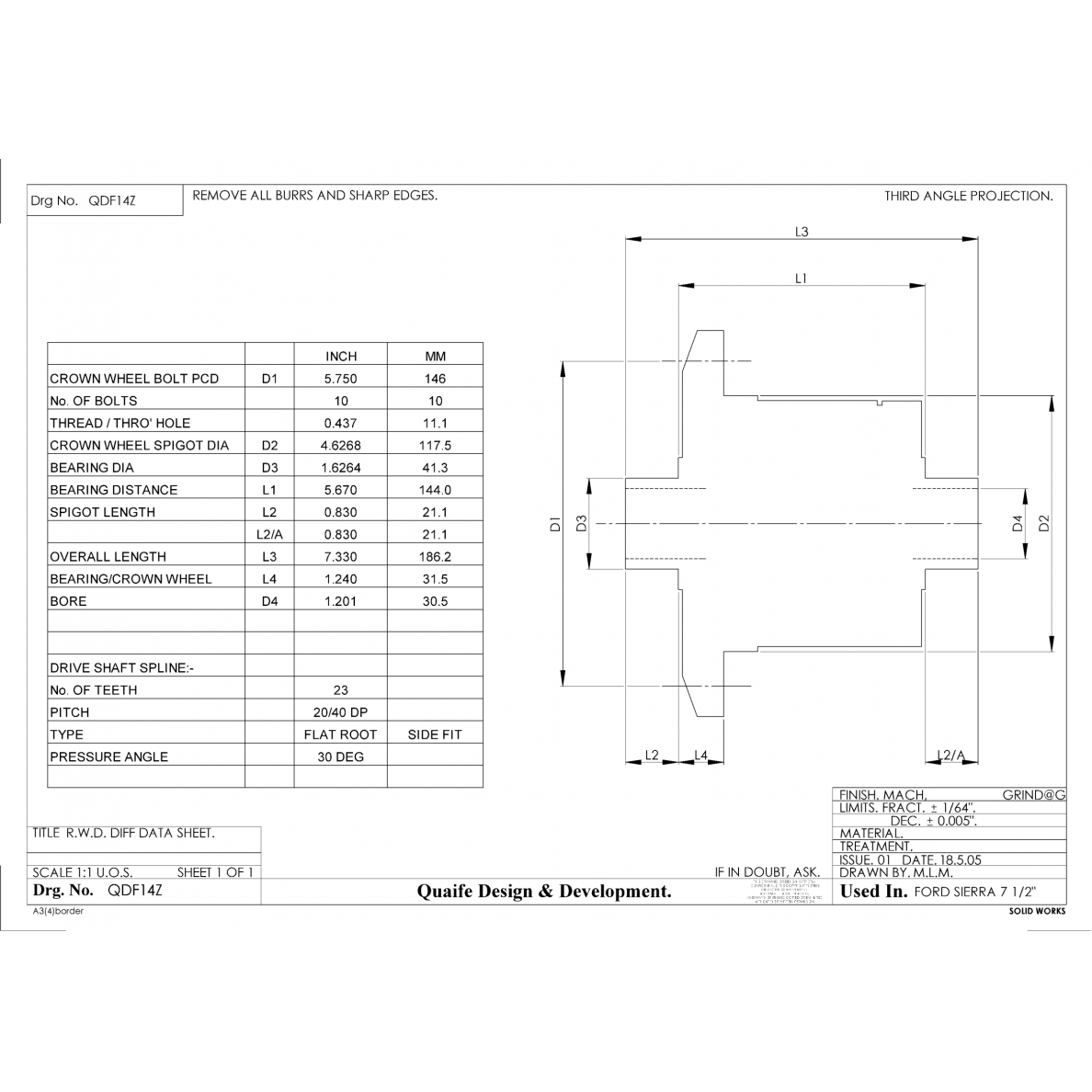 QUAIFE QDF14ZS savaime užsifiksuojantis galinis diferencialas Ford Bridge 7,5 colio tulpėms 100 mm 1