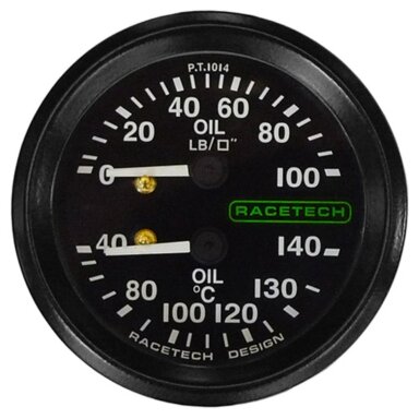 RACETECH D52MM kombinuotas matuoklis Aliejaus temperatūra 140 °C Aliejaus slėgis 100 LB Kabelio ilgis 9' Apšvietimas 1/8BSP SMITHS