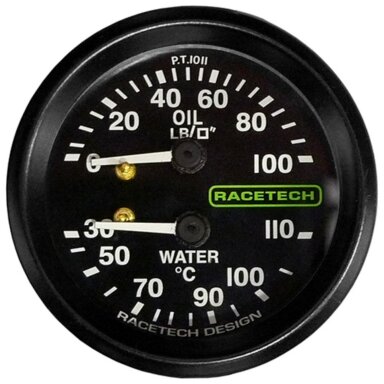 RACETECH D52MM kombinuotas matuoklis Vandens temperatūra 110 °C Aliejaus slėgis 100LB Kabelių ilgis 7' Apšvietimas 1/8BSP SMITHS