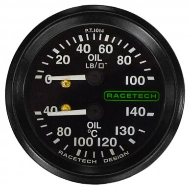 RACETECH D52MM kombinuotas matuoklis Aliejaus temperatūra 140 °C Aliejaus slėgis 100 LB Kabelio ilgis 9' Apšvietimas 1/8BSP SMITHS