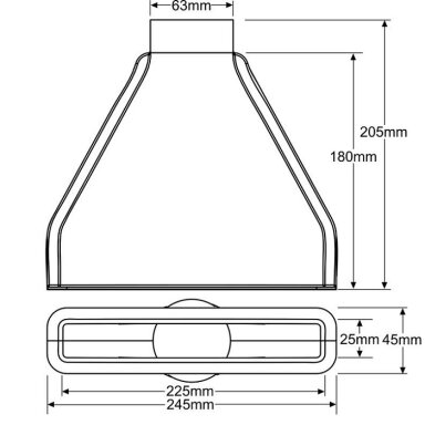 REVOTEC 63 mm plokščias tiesus juodas šoninis aušinimo gaubtas – 245 x 45 x 205 mm (2 dalys)